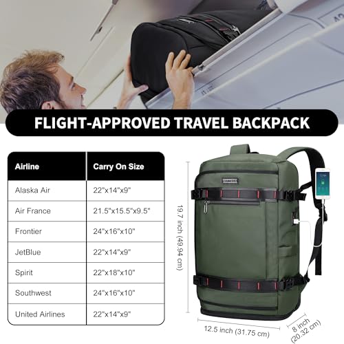 WITZMAN Travel Backpack for Men 35L TSA Friendly Flight Approved - color: Army Green