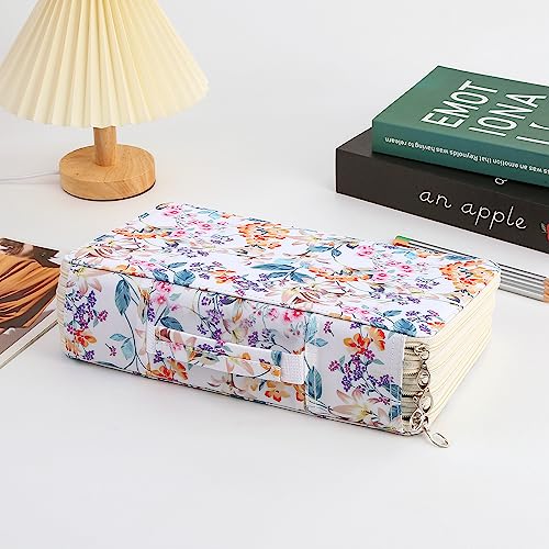 300 Slots Pencil Case 4-Layer Zipped Holder w/Handle - color: White + Flower, size: 300