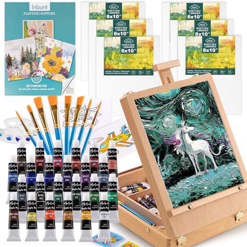 Inburit Art Acrylic Paint Set with Wooden Easel Box for Kids & Adults - color: 54PCS+24Colors/12ml