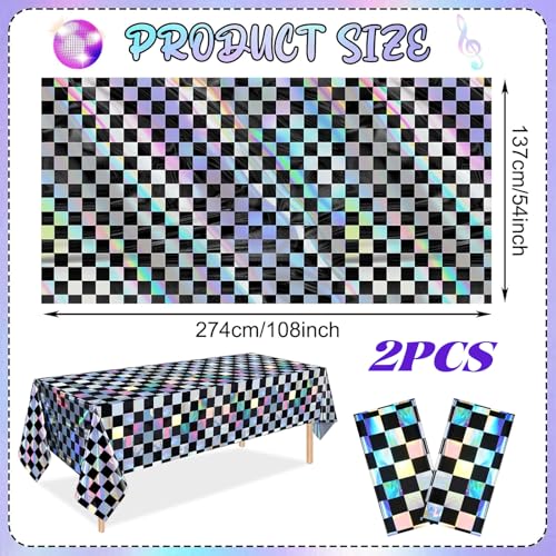 OQOQ Iridescent Checkered Tablecloth 2 Packs, Black & Sliver, 54x108 Inches - color: Black Silver Checkered