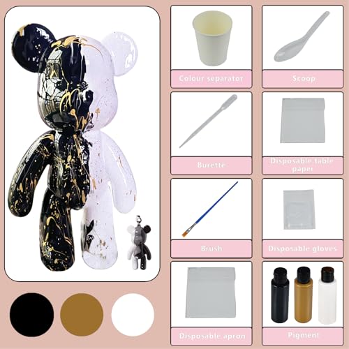 DIY Fluid Bear + Bear Keychain Figure, Marble Bear Painting Kit for Creative Pouring Art (Black+White+Gold, 9 inch) - color: Black+white+gold