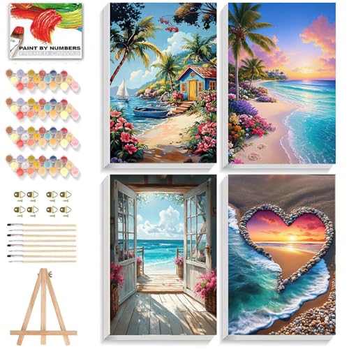 ICYANART 4 Pack Beach Paint by Numbers for Adults with Framed and Easel - color: Beach