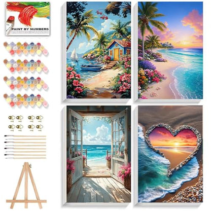 ICYANART 4 Pack Beach Paint by Numbers for Adults with Framed and Easel - color: Beach