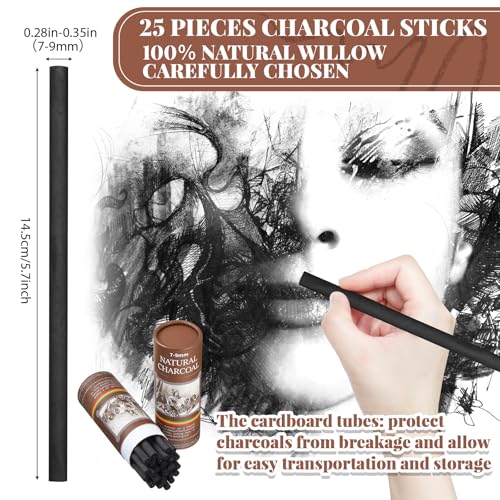 Gueevin 25 Pcs Soft Willow Charcoal Sticks Drawing,7-9mm - size: 7-9mm