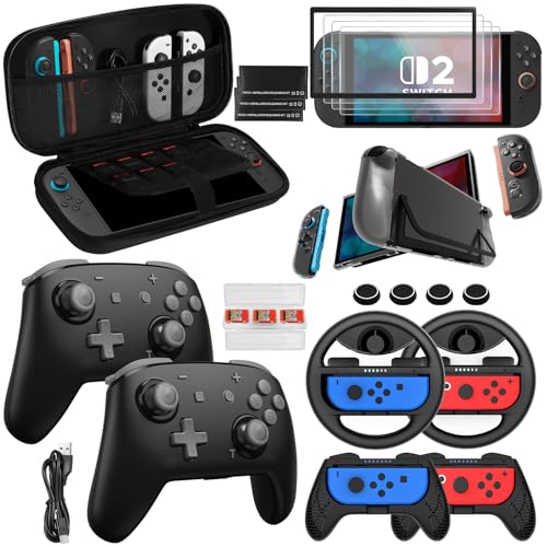 Pro Controllers Accessories Bundle for Nintendo Switch 2: Wireless Controllers, Carrying Case, Screen Protectors, Dockable Console Protective Case, Steering Wheels and Thumb Grips for Joysticks- Black - color: Z-Blue