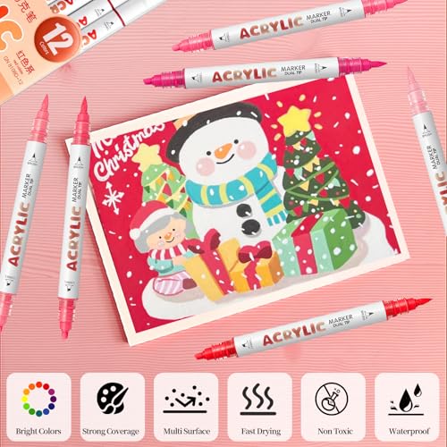Red Series Acrylic Paint Pens, Water Based 12 Colors Dual Tip - color: Red Series