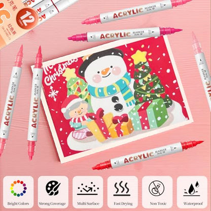 Red Series Acrylic Paint Pens, Water Based 12 Colors Dual Tip - color: Red Series