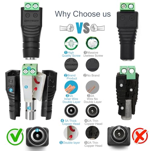CHANZON (10 x Female DC Power Connector 5.5mm x 2.1mm 12V 24V Power Jack Socket for Led Strip CCTV Security Camera Cable Wire Ends 10Pcs Plug Adapter