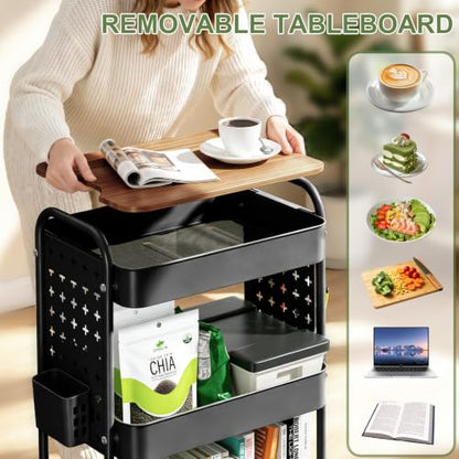 3 Tier Rolling Cart with DIY Pegboard, Metal Utility Cart with Table top - color: Black With Pegboard