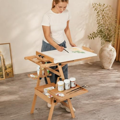 MEEDEN Painting Easel with Storage and Tray: H-Frame Beech Wood Art Easel - color: Natural