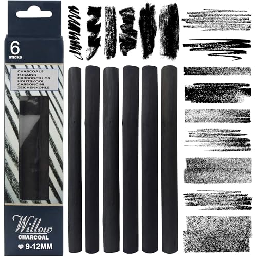 24 Pcs Compressed Charcoal Sticks and 6 Pcs Willow Charcoal Sticks, 9-12 MM Jumbo Willow Charcoal Pencils