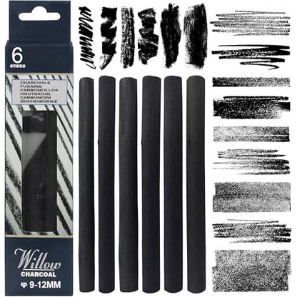 24 Pcs Compressed Charcoal Sticks and 6 Pcs Willow Charcoal Sticks, 9-12 MM Jumbo Willow Charcoal Pencils