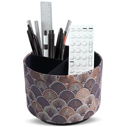 Round Leather Art Supply Organizer,Remote Control Holder,360-degree Rotating Pen Organizer with 4 Compartments(1-Peacock Black) - color: 1-5Peacock Black