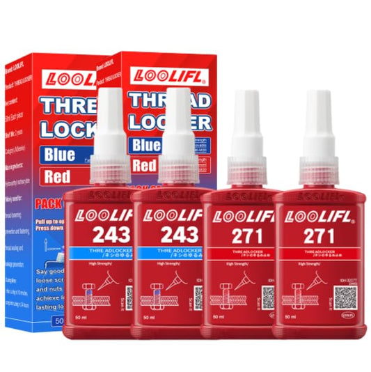 4 Pack Thread Locker - LOOLIFL Blue 243 (Medium) & Red 271 (High) - Metal Screw Locking Sealant for Bolts/Nuts/Fasteners - Prevents Loosening/Corrosion ((243 50ML+ 271 50ML)*2) - size: (243 50ML+ 271 50ML)*2