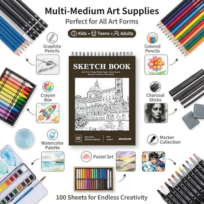 Soucolor Artist 9x12 Sketch Book Set, 4 Pack 400-Sheet Spiral Drawing Pads - color: Black, size: 9" x 12" (Pack of 4)