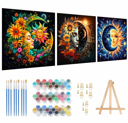 Axquilon 3 Packs Framed Paint by Numbers Kit for Adults 8x8in - color: 3 Pack Sun and Moon with Easel