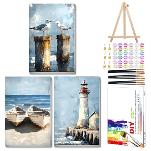 Mandun Beach Paint by Numbers Kit for Adults, 3 Pack, 7.8x11.8 inch - color: 3 Pack Beach