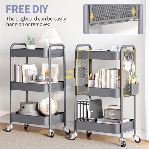 TOOLF 3 Tier Rolling Cart, Metal Utility Storage Cart with Pegboard, Grey - color: Gray, size: 3-Tier