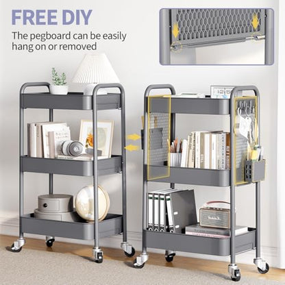 TOOLF 3 Tier Rolling Cart, Metal Utility Storage Cart with Pegboard, Grey - color: Gray, size: 3-Tier