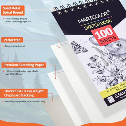 MARTCOLOR Drawing Sketching Pencils Set, 34 Pieces Pro Art Pencil Kit and 5.5X8.5” Premium Sketch Book Set, 1 Pack, 100 Sheets(68 lb/100gsm) Sketchbook