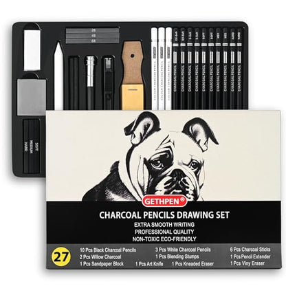 GETHPEN Charcoal Pencils for Drawing, S-Soft, Soft, Medium, Hard, 27Pcs
