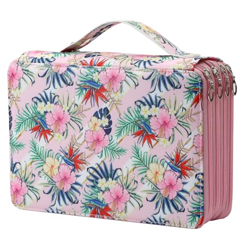 Canvas 200 Slots Pencil Case 4-Layer Zipped Holder w/Handle - color: Pink Flower, size: 200