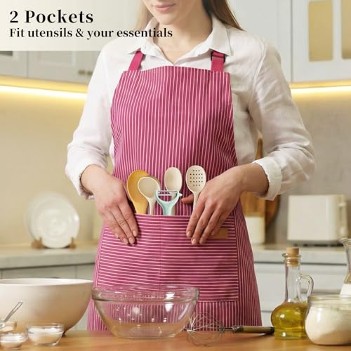 2 Pack Cooking Aprons Adjustable Bib Apron for Women with 2 Pockets, Kitchen Restaurant Men Chefs Aprons - color: Black/Wine Stripes