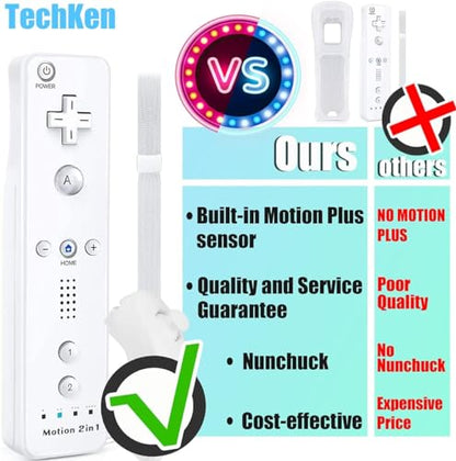 2 Pack Wii Remote with Wii Motion Plus Inside | Shock Wii Nunchuk Controller | Compatible Nintendo Wii, Wii U - color: white+white