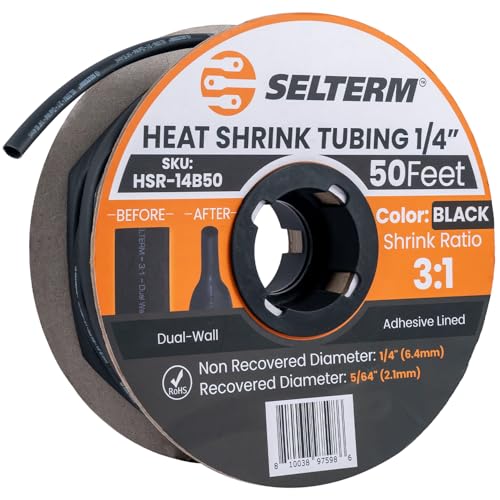 SELTERM 1/4" Black [50 Feet] Marine Grade 3:1 Ratio Heat Shrink Tubing Roll - color: Black, size: 1/4" - 6.4MM