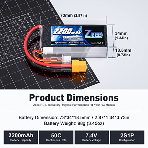 Zeee 2S Shorty Lipo Battery 2200mAh 7.4V 50C with XT60 Connector (2 Pack)
