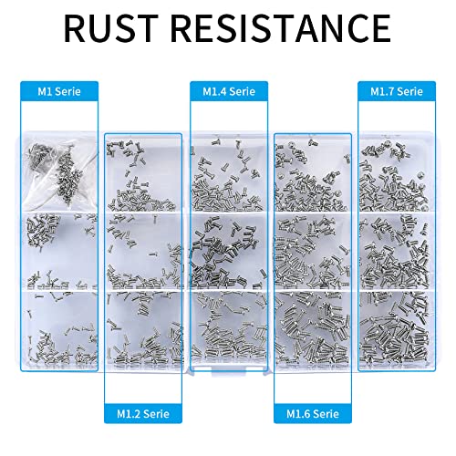 800Pcs Tiny Screws for Electronics, Micro Small Pan Head Machine Screws Assortment Kit for Eyeglasses, Watches, Clocks, Mobile Phone, M1/M1.2/M1.4/M1.6/M1.7 (800)
