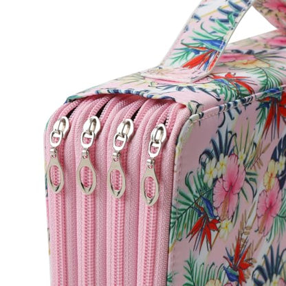 Canvas 300 Slots Pencil Case 4-Layer Zipped Holder w/Handle - color: Pink Flower, size: 300