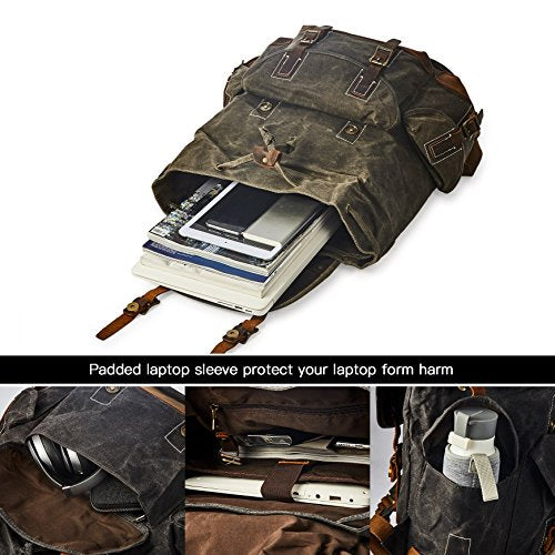 Heavy-Duty Waxed Canvas Rucksack Backpack - color: Dark Brown, size: 400 x 340 x 190 mm - Standard