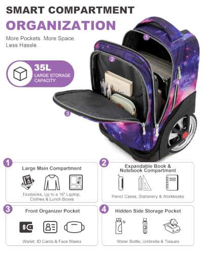 NEW TILAMI 19 Inch Rolling Backpack for School Stair-Climbing Big Wheel - color: Purple Starry