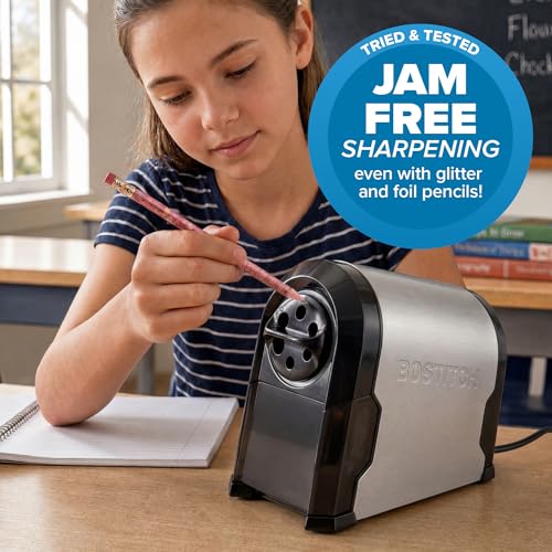 Bostitch Office SuperPro Glow Electric Pencil Sharpener, Sharpens Standard & Colored Pencils, Heavy Duty Commercial Classroom, Replaceable Cutter Cartridge System, 6-Hole, Silver/Black