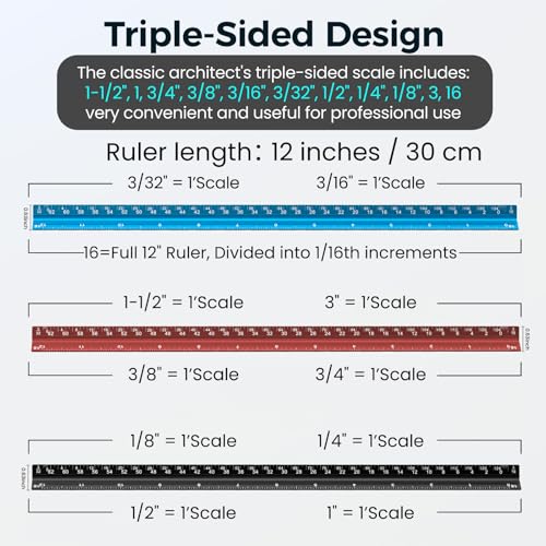 2 Pcs Architectural Scale Ruler 12 Inch, Aluminum Architect Ruler & Metal Ruler Set, Imperial Engineer Scale for Blueprints, Drafting Ruler for Architects, Students, Draftsmen, and Engineers (Blue)