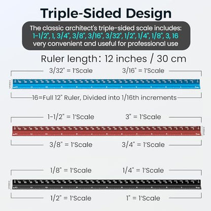 2 Pcs Architectural Scale Ruler 12 Inch, Aluminum Architect Ruler & Metal Ruler Set, Imperial Engineer Scale for Blueprints, Drafting Ruler for Architects, Students, Draftsmen, and Engineers (Blue)