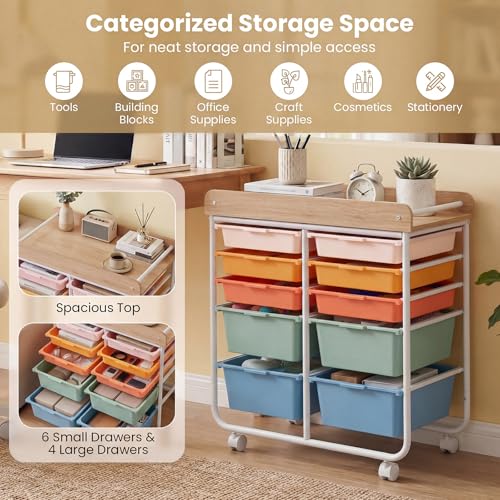 DREAMADE Rolling Storage Cart, 10-Drawer Utility Cart w/Tabletop, Rainbow - color: Rainbow