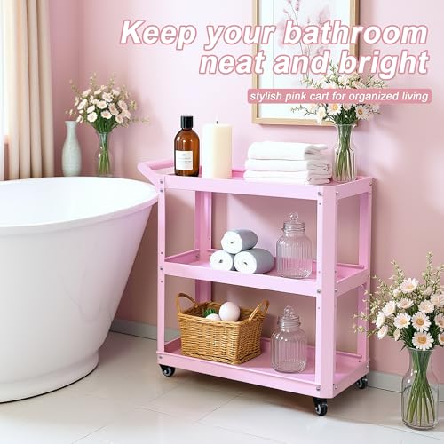 3 Tier Metal Utility Rolling Cart with Wheels, Pink - color: Pink