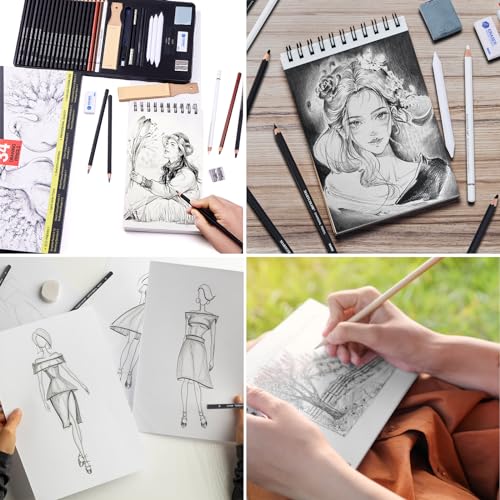 MARTCOLOR Drawing Sketching Pencils Set, 34 Pieces Pro Art Pencil Kit and 5.5X8.5” Premium Sketch Book Set, 1 Pack, 100 Sheets(68 lb/100gsm) Sketchbook