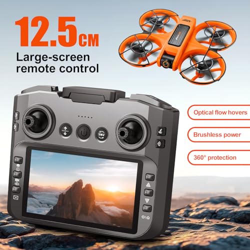 RC Drone With Screen On Controller (4.92in), UHD Dual Camera, Brushless Motor, Optical Flow Hovering, 360° Propeller Guard, 6-Axis Gyro, Headless Mode, One-Key Takeoff/Landing, 3-Speed Adjustable, 50X Zoom, Gesture Control, Trajectory Flight, Night LED, 2
