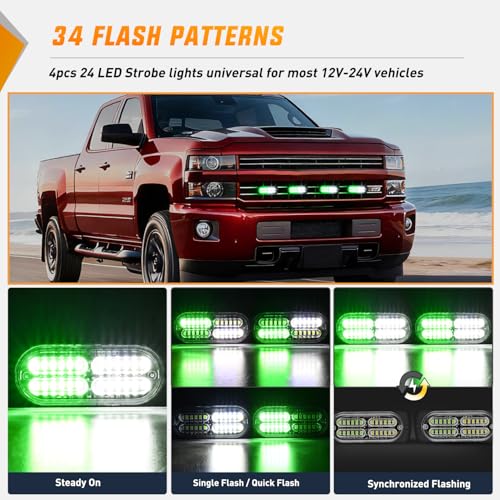 Nilight 4PCS 24LED Green White Strobe Light 12V/24V Grille Surface Mount - color: Green & White