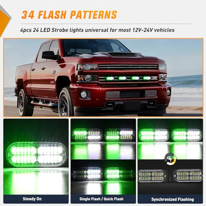 Nilight 4PCS 24LED Green White Strobe Light 12V/24V Grille Surface Mount - color: Green & White