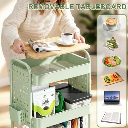 3 Tier Rolling Cart with Table top, Metal Utility Cart with DIY Pegboard - color: Green With Pegboard