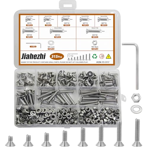315 Pcs M5 Screw Assortment Kit -M5x6mm/8mm/10mm/12mm/16mm/20mm/25mm/30mm, Metric Hex Flat Head Countersunk Screws, Nuts, Washers & Wrench, 201 Stainless Steel for DIY Projects & Repairs - size: M5x6/8/10/12/16/20/25/30-315Pcs