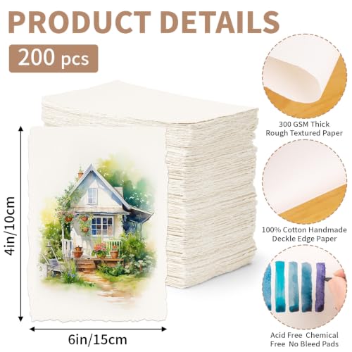 200 Sheets White Watercolor Paper 4x6 Inch Cotton Handmade Deckled Edge - color: White, size: 4x6in