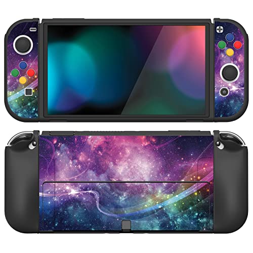 PlayVital ZealProtect Soft Protective Case for Nintendo Switch OLED, Flexible Protector Joycon Grip Cover for Nintendo Switch OLED with Thumb Grip Caps & ABXY Direction Button Caps - Purple Galaxy - color: Purple Galaxy