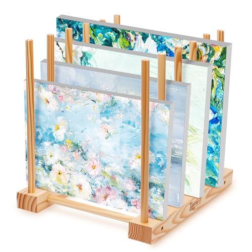 Adjustable Spacing Tabletop Art Drying Rack, Wooden Display Organizer for 10” to 36” Canvases, Compact & Stable Studio Storage for Paintings, Prints, Home Office