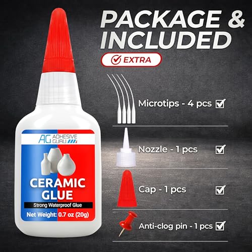 Adhesive Guru Ceramic Glue (4x0.7 oz) Super Glue for Pottery, Porcelain & China Repairs, Waterproof & Odorless After Cure, Non-Toxic, Temperature Resistant, Compatible with Aerosol Activator – 4 Pack - size: 4 Pack, style: Ceramic Glue
