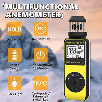 Wind Cup Anemometer 1.5-93MPH, Digital Wind Speed Meter RQ-881M